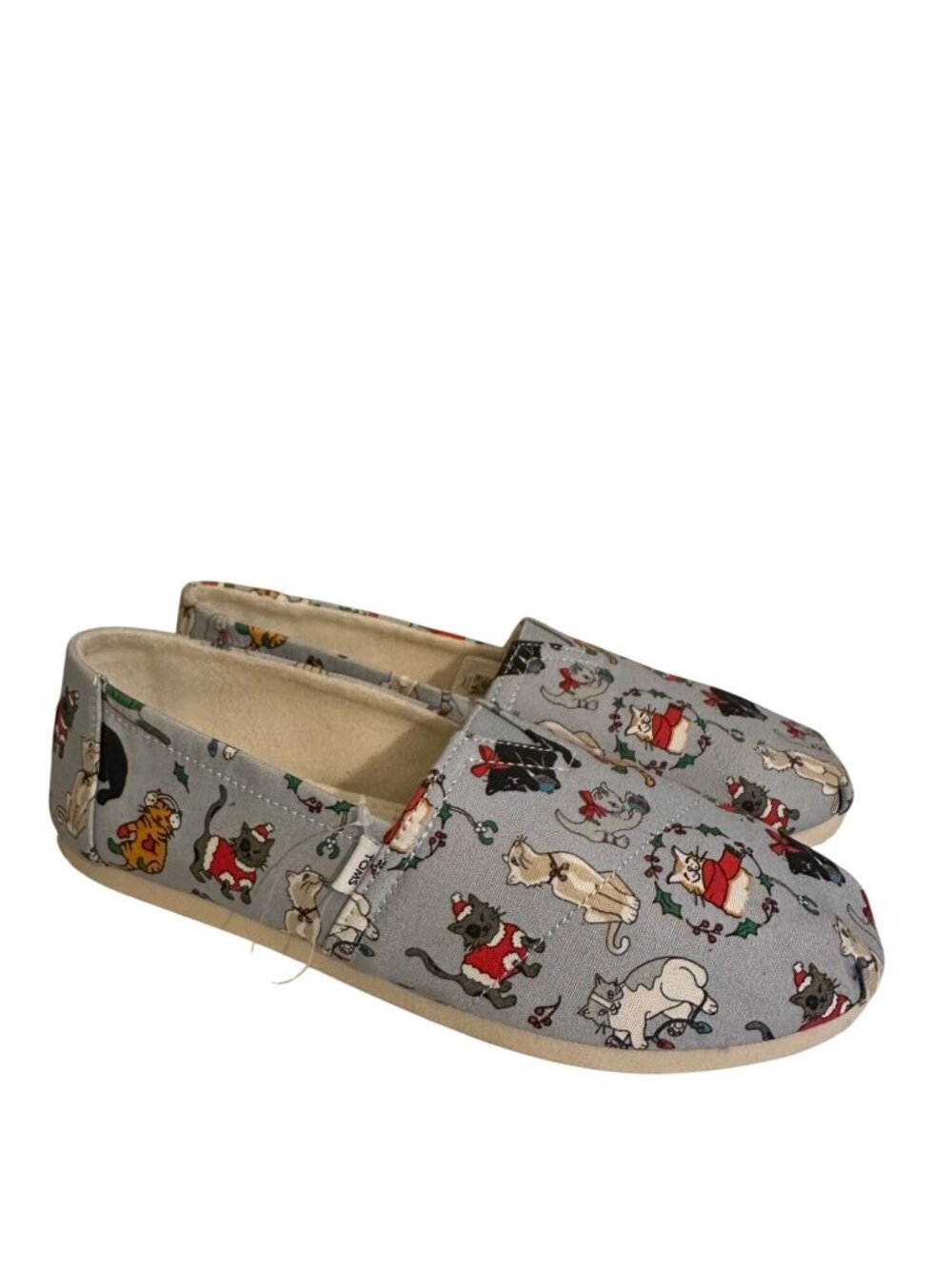 TOMS Belmont Holiday Cats slip-playful print of various cats size 6.5